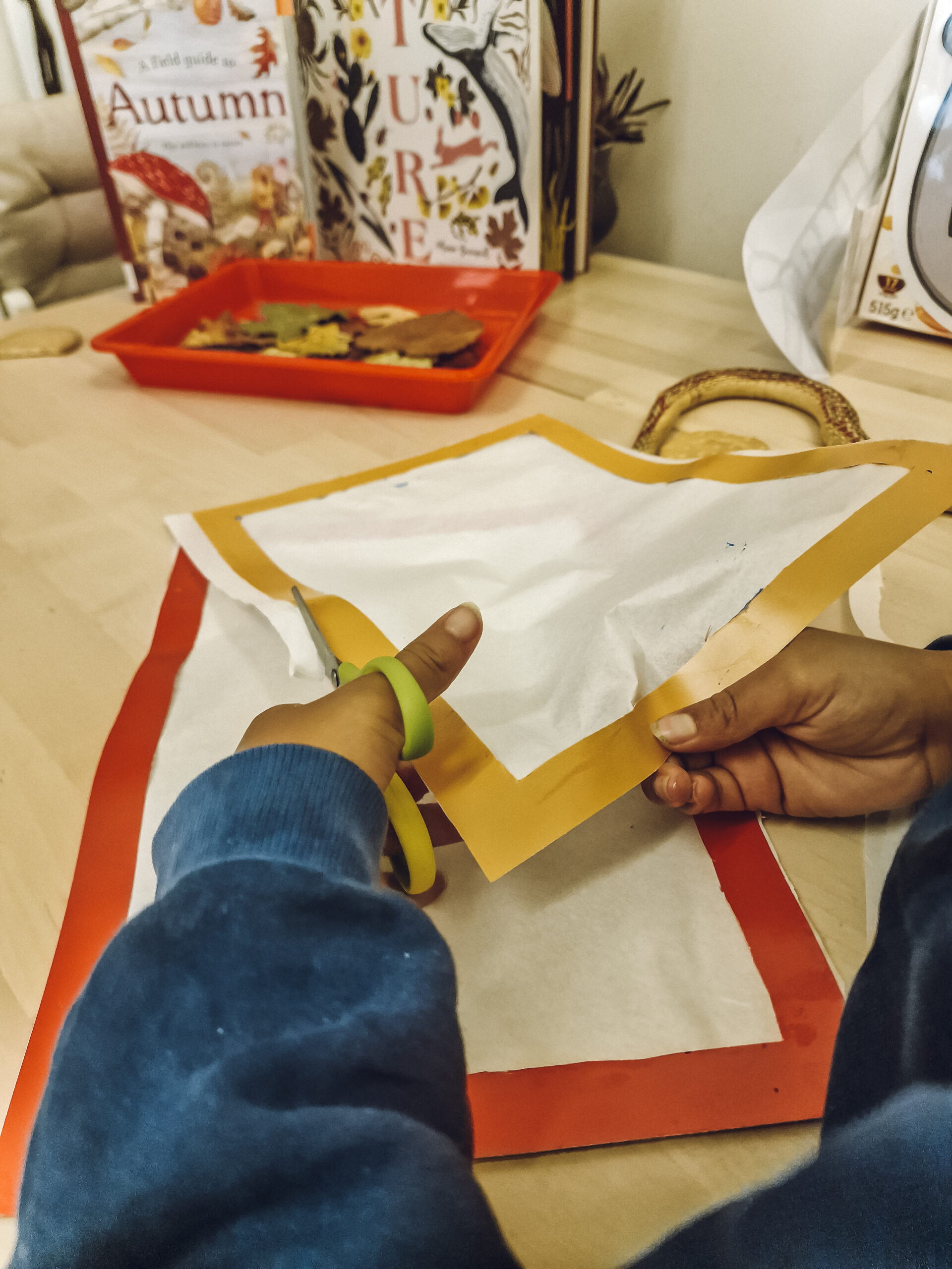 Boy cutting out a frame using red card and autumn books in the background